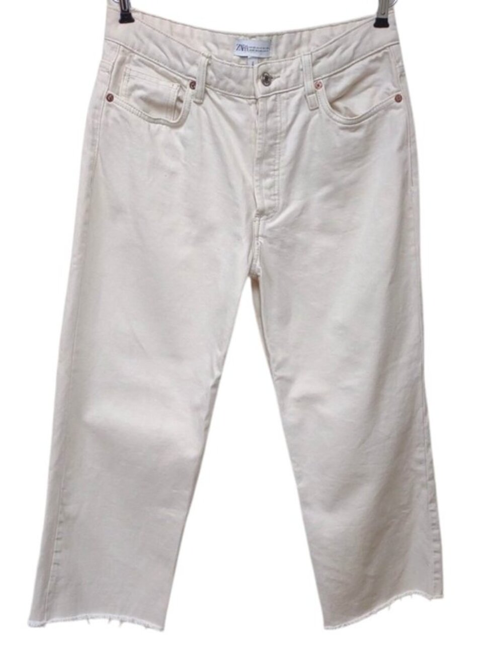 Zara The Grunge Pants Off-White Denim Relaxed Straight Jeans Raw Hem Button Fly